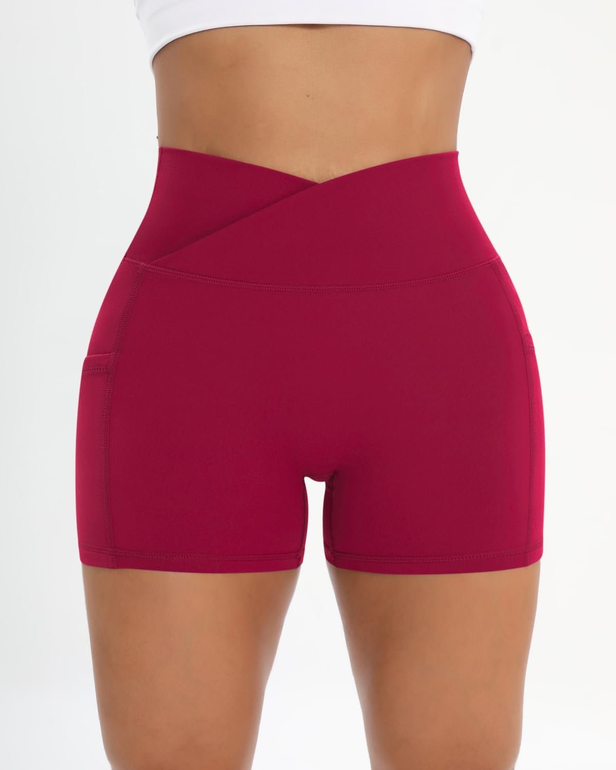 High-Performance Women's Workout Shorts - 2 Pack Cross Waist Active Gym Spandex with Side Pockets