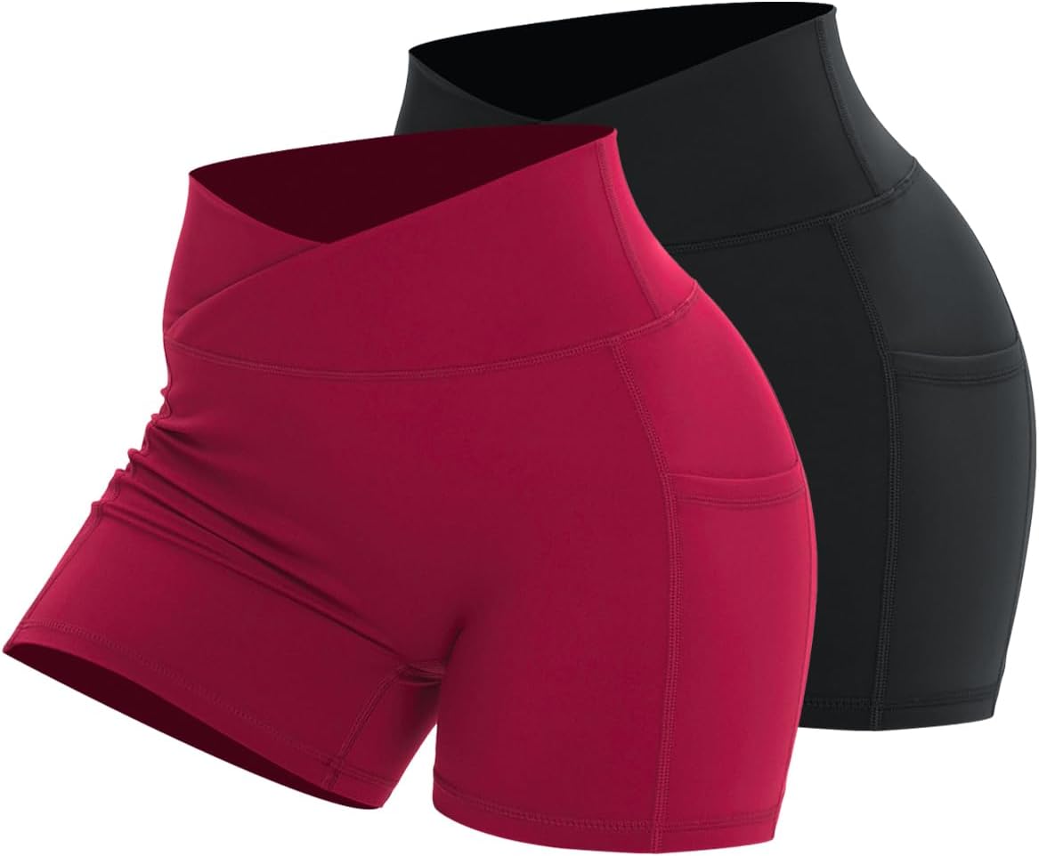 High-Performance Women's Workout Shorts - 2 Pack Cross Waist Active Gym Spandex with Side Pockets