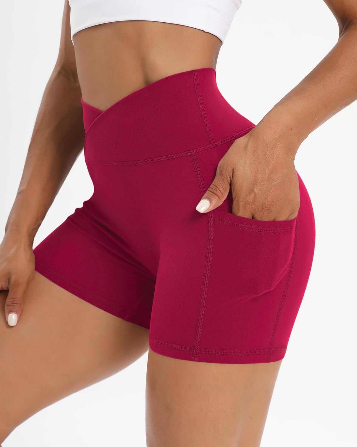 High-Performance Women's Workout Shorts - 2 Pack Cross Waist Active Gym Spandex with Side Pockets
