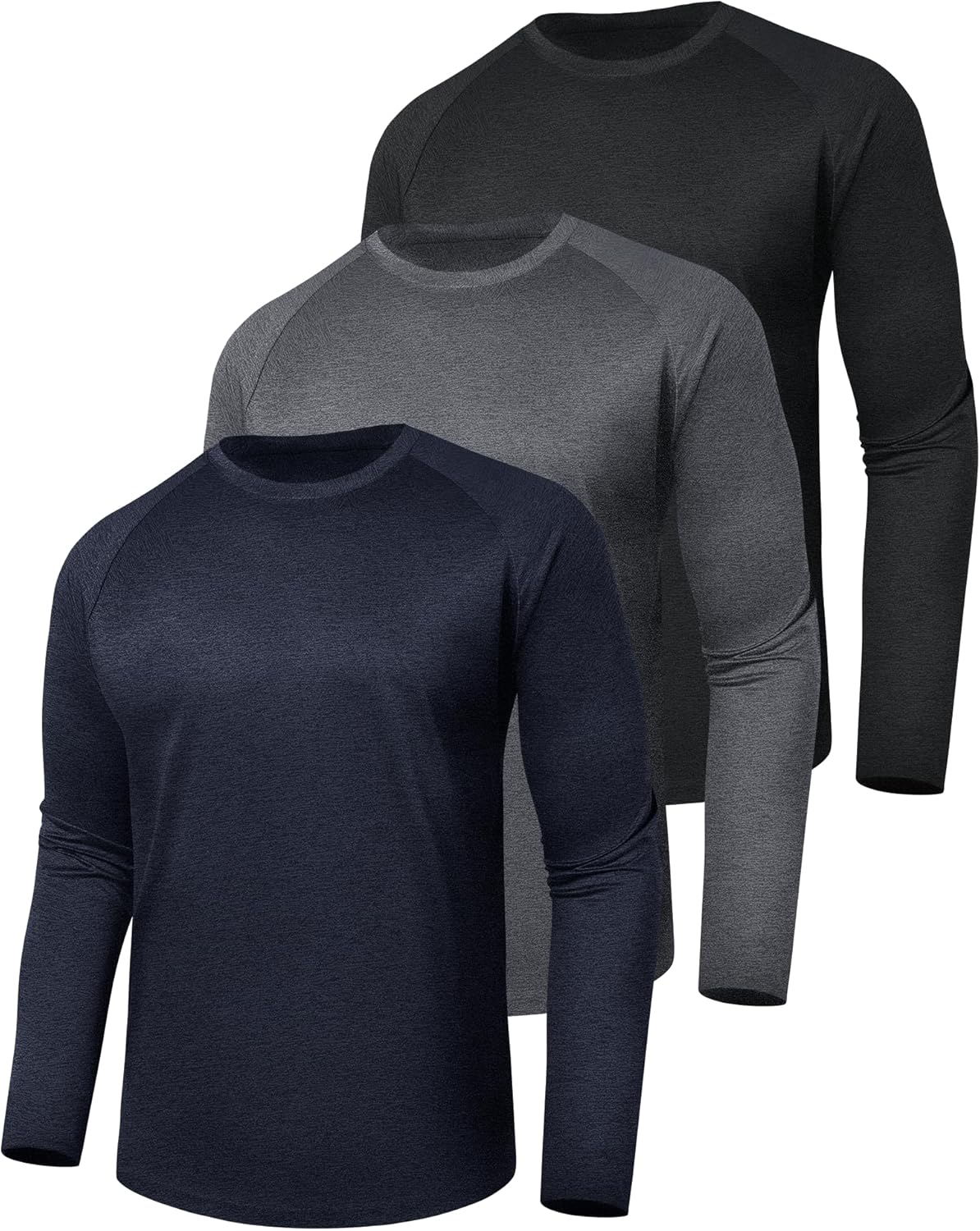 Men's 3-Pack Long Sleeve Quick Dry Shirts - Moisture Wicking UV Protection T-Shirts for Fishing, Workouts & Gym