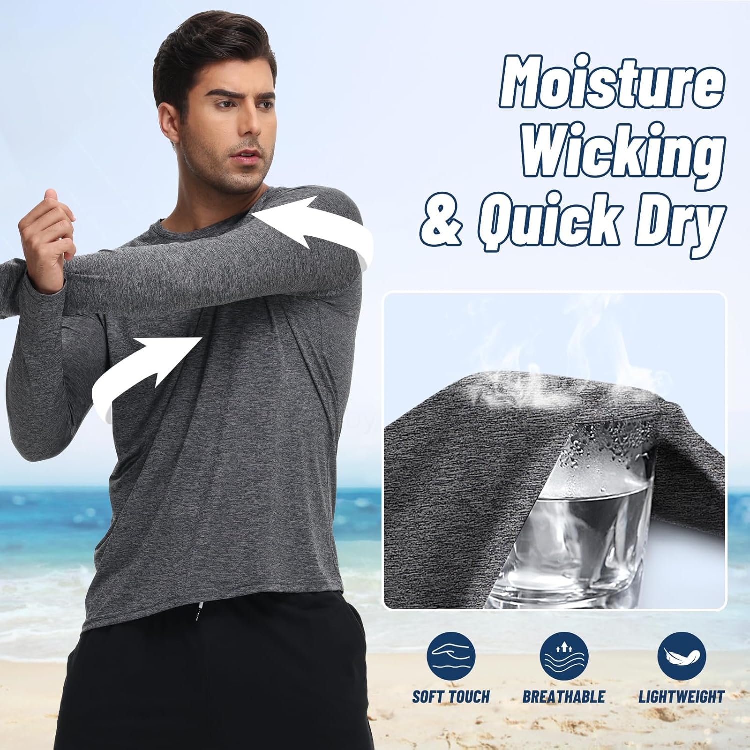 Men's 3-Pack Long Sleeve Quick Dry Shirts - Moisture Wicking UV Protection T-Shirts for Fishing, Workouts & Gym