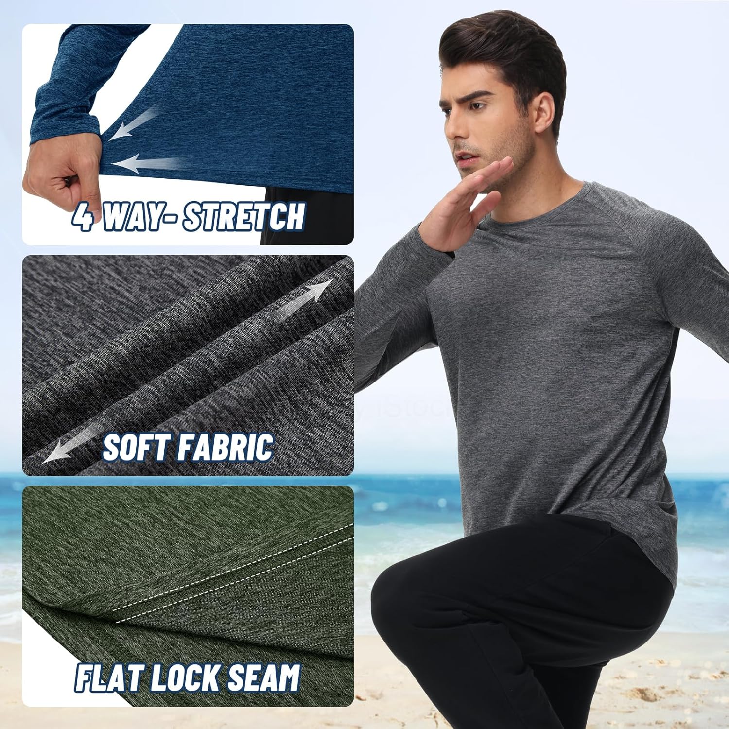 Men's 3-Pack Long Sleeve Quick Dry Shirts - Moisture Wicking UV Protection T-Shirts for Fishing, Workouts & Gym