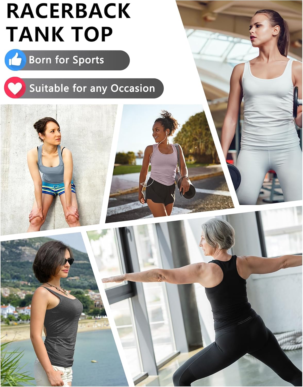 5-Pack Women's Racerback Workout Tanks - Spandex Yoga & Gym Crop Tops for Active Lifestyle